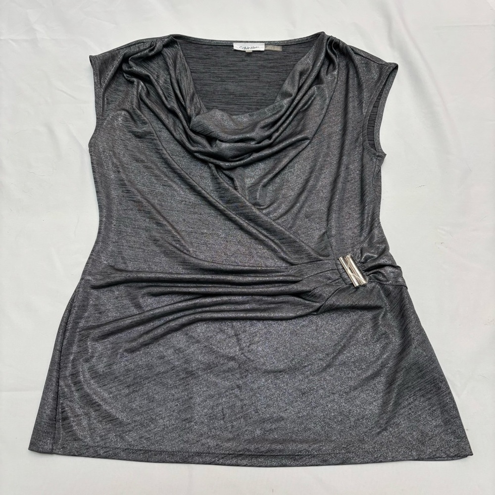 Calvin Klein Gray Asymmetrical Draped Blouse